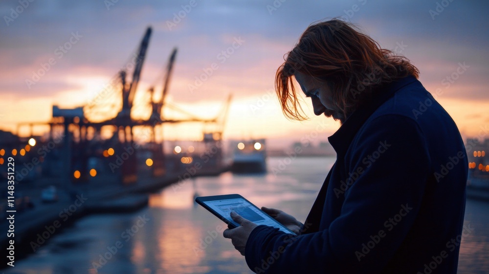 Naklejka premium Male with long hair using a tablet by the waterfront at sunset, cranes in the background.