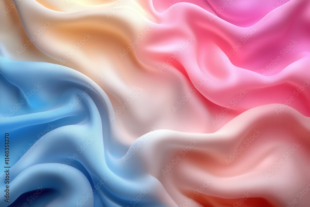 Fototapeta premium A flowing fabric with gradient colors of blue, pink, and peach, creating a soft, elegant texture.