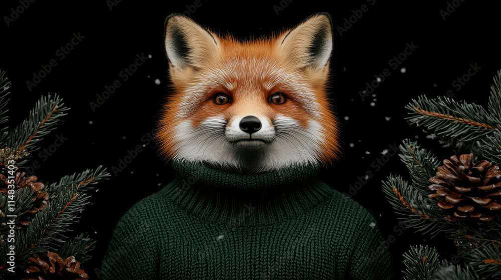Obraz premium Santa Animal concept. Cute fox in knitted Christmas sweater surrounded by pine branches