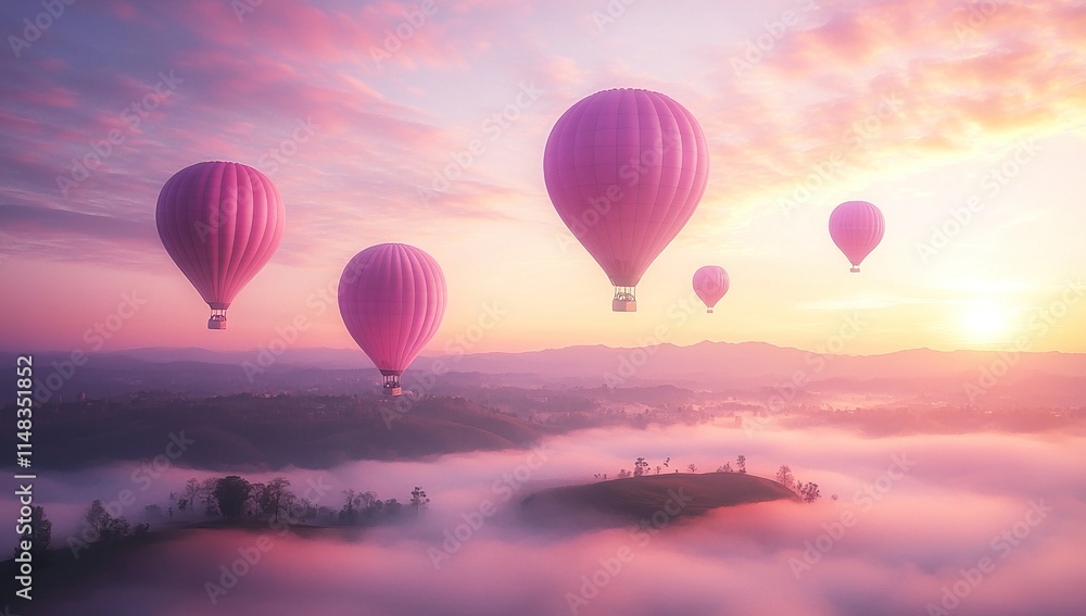 Fototapeta premium Pink Hot Air Balloons Soar Above Misty Mountains at Sunrise, Serene Landscape with Breathtaking Views