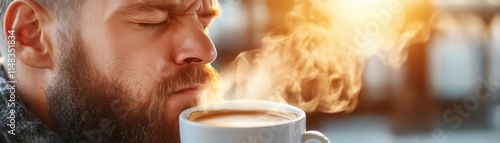 Close up image of a Businessman grimacing as he sniffs fresh coffee in a shared office kitchen with steam rising, man enjoying hot drink before work The aromatic brew is a moment of peace for a photo