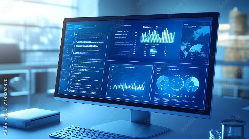 Monitor showing data dashboards. Monitor showing data dashboards.