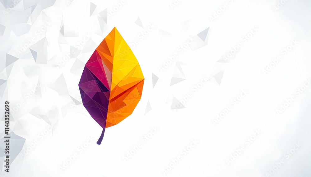 Fototapeta premium Abstract Autumn Leaf Design, Low Poly Style, White Background, Geometric Fall Theme, Website Banner.