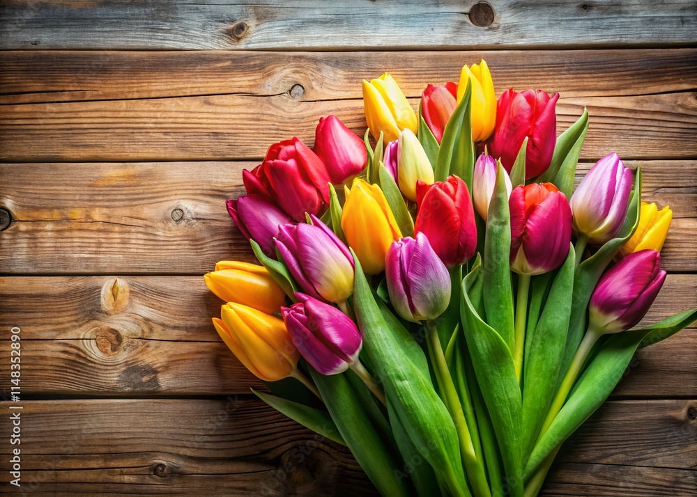 Spring Tulips Bouquet Panoramic Photography Wooden Background Copy Space - High Resolution Image Spring Tulips Bouquet Panoramic Photography Wooden Background Copy Space - High Resolution Image