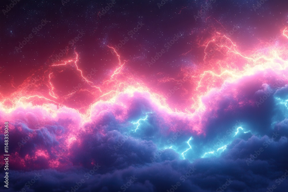 Abstract depiction of vibrant lightning amidst colorful clouds in a cosmic setting. Abstract depiction of vibrant lightning amidst colorful clouds in a cosmic setting.