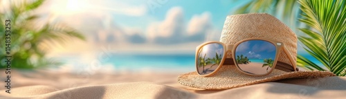 Dreaming of a tropical escape This vibrant summer scene features a traveler's hat and sunglasses on a sandy beach, with azure waters reflecting sunlight It's the perfect image for your next vacation