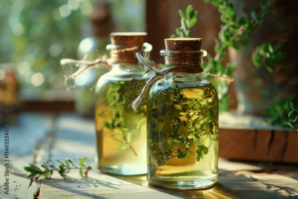 Thyme essential oil infusing in glass bottles on wooden table Thyme essential oil infusing in glass bottles on wooden table