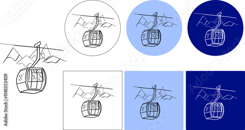 Mountain lift funicular graphic line vector logo. Overview of tourist attractions at a height by tourists. Ascent to the great height of people. Vector illustration