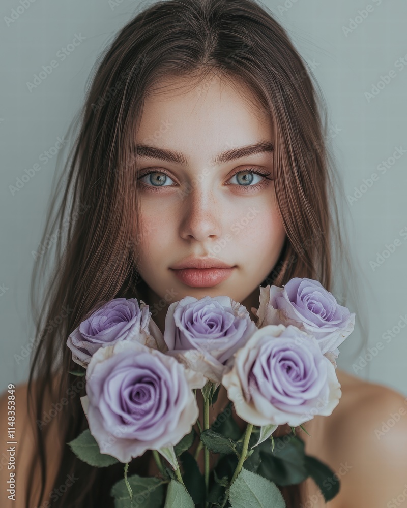 Carefree Woman Holding Lavender Roses Muted Background Portrait Photography Indoor Setting Close-Up Elegance For Valentine Carefree Woman Holding Lavender Roses Muted Background Portrait Photography Indoor Setting Close-Up Elegance For Valentine