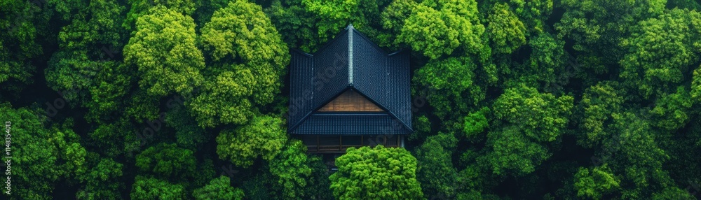 Experience an aerial view of a secluded cabin nestled within a dense forest, where lush nature embraces the architecture, evoking tranquility Imagine a traveler discovering scenic trails through the Experience an aerial view of a secluded cabin nestled within a dense forest, where lush nature embraces the architecture, evoking tranquility Imagine a traveler discovering scenic trails through the