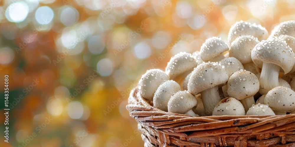 A woven basket filled with fresh, dew-kissed mushrooms against a warm, blurred autumn backdrop. A woven basket filled with fresh, dew-kissed mushrooms against a warm, blurred autumn backdrop.