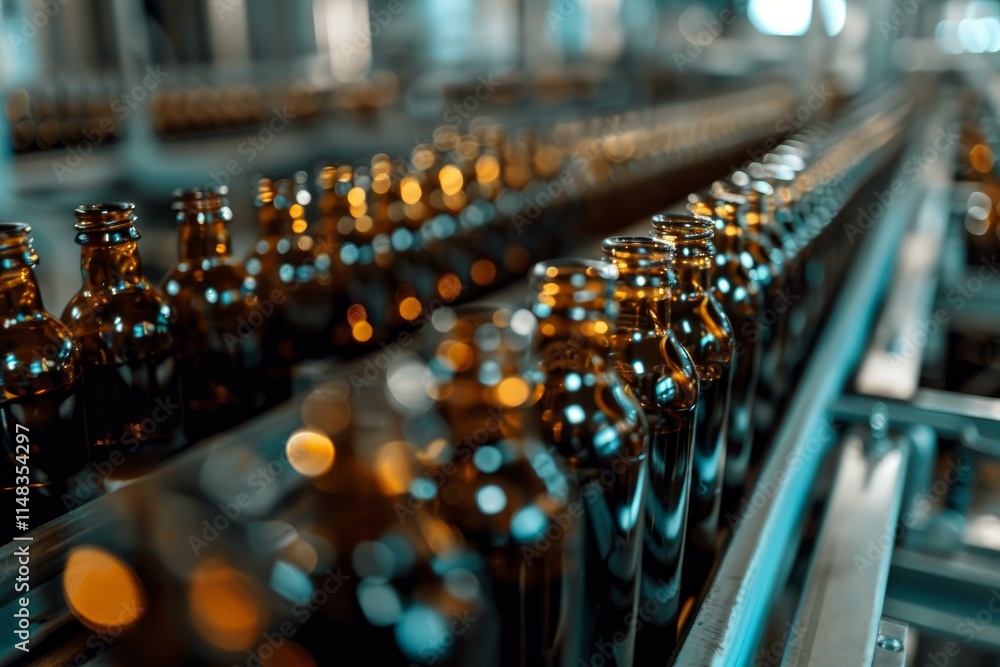 Brown glass bottles moving on industrial conveyor belt in a bottling plant Brown glass bottles moving on industrial conveyor belt in a bottling plant