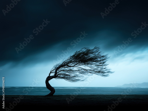 tree bending in wind, symbolizing resilience and strength