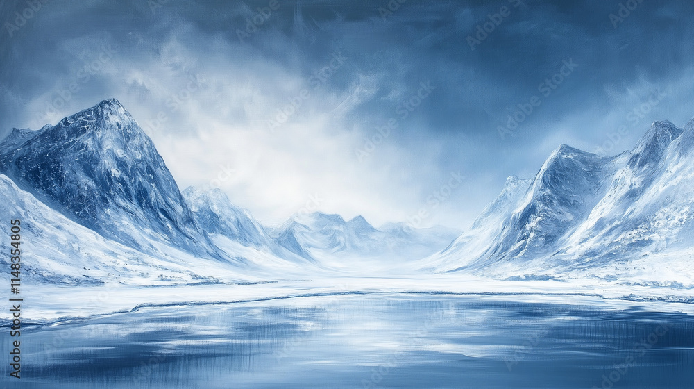 Majestic frozen landscape with snow-covered mountains and icy lake under a dramatic sky Majestic frozen landscape with snow-covered mountains and icy lake under a dramatic sky