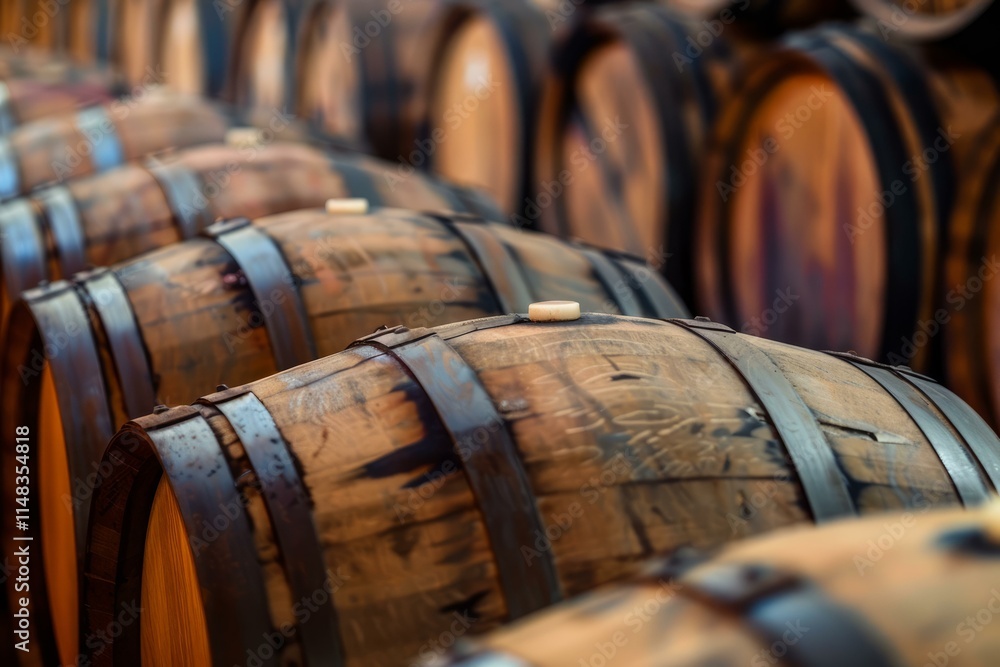 Wine barrels aging in cellar, storing alcoholic beverages for future enjoyment Wine barrels aging in cellar, storing alcoholic beverages for future enjoyment