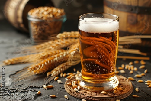 Glass of cold beer with wheat and wooden barrel on black table photo