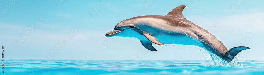 Fototapeta premium dolphin gracefully leaps above turquoise water, showcasing its agility and beauty in serene ocean environment