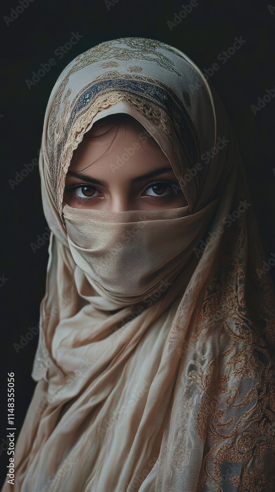 Naklejka premium World Hijab Day, Muslim traditional women's clothing, girl in hijab