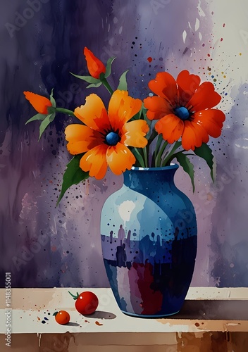 a bouquet of poppies in a vase on a wooden table photo