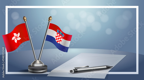 Hong Kong and Croatia National flags on small table with bokeh background, cooperative relationship