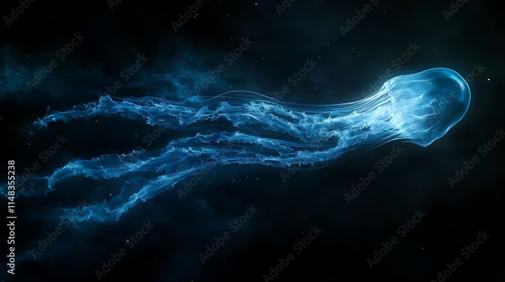 Luminescent jellyfish floats in dark space.