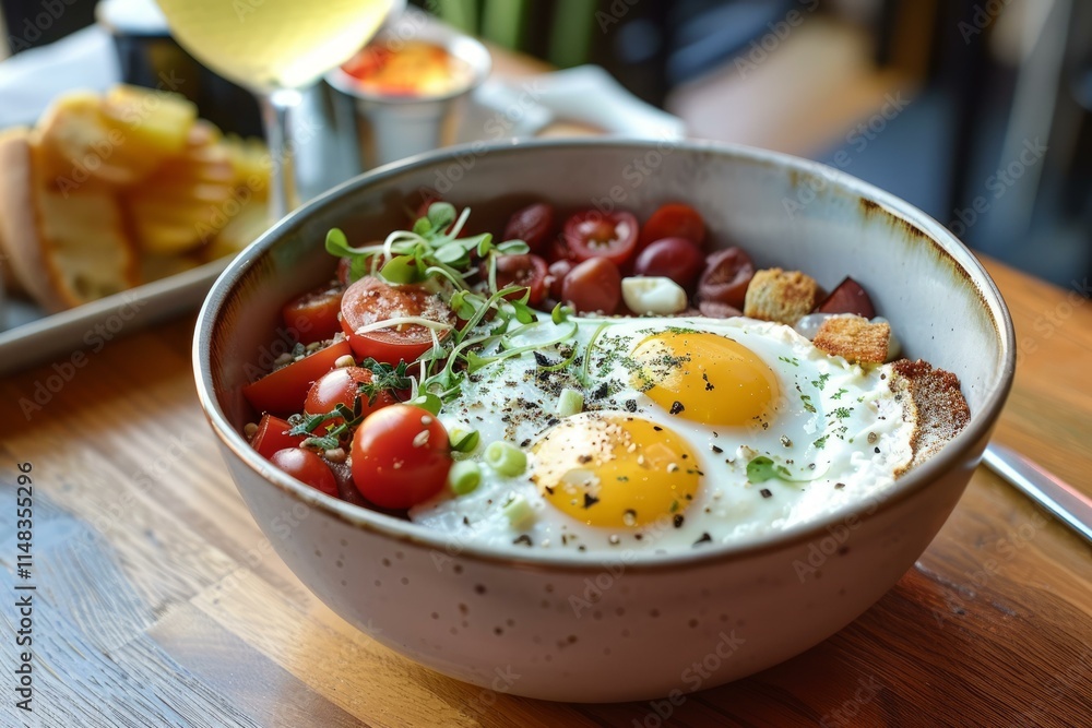 Delicious breakfast bowl with fried eggs, tomatoes, and croutons enjoyed at restaurant Delicious breakfast bowl with fried eggs, tomatoes, and croutons enjoyed at restaurant