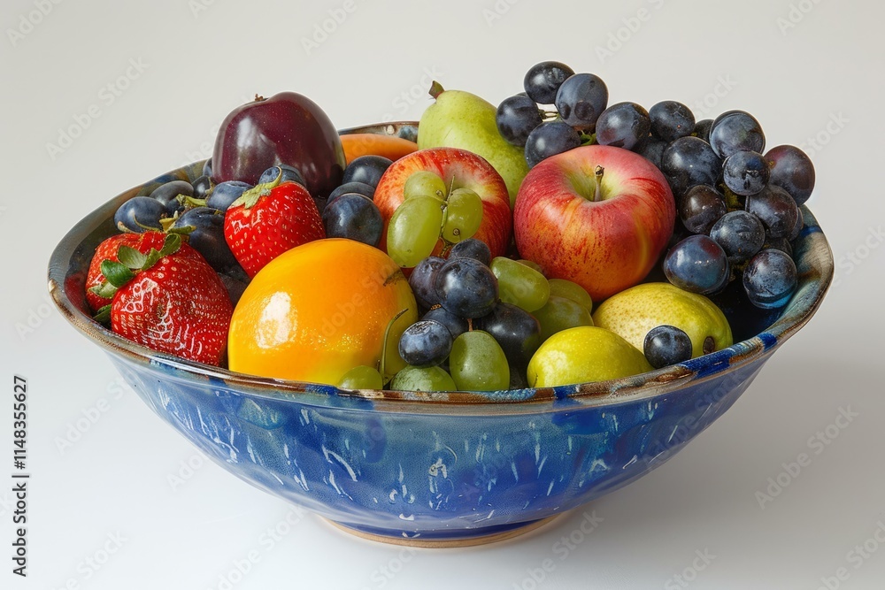 Blue ceramic bowl overflowing with fresh fruit displaying vibrant colors Blue ceramic bowl overflowing with fresh fruit displaying vibrant colors