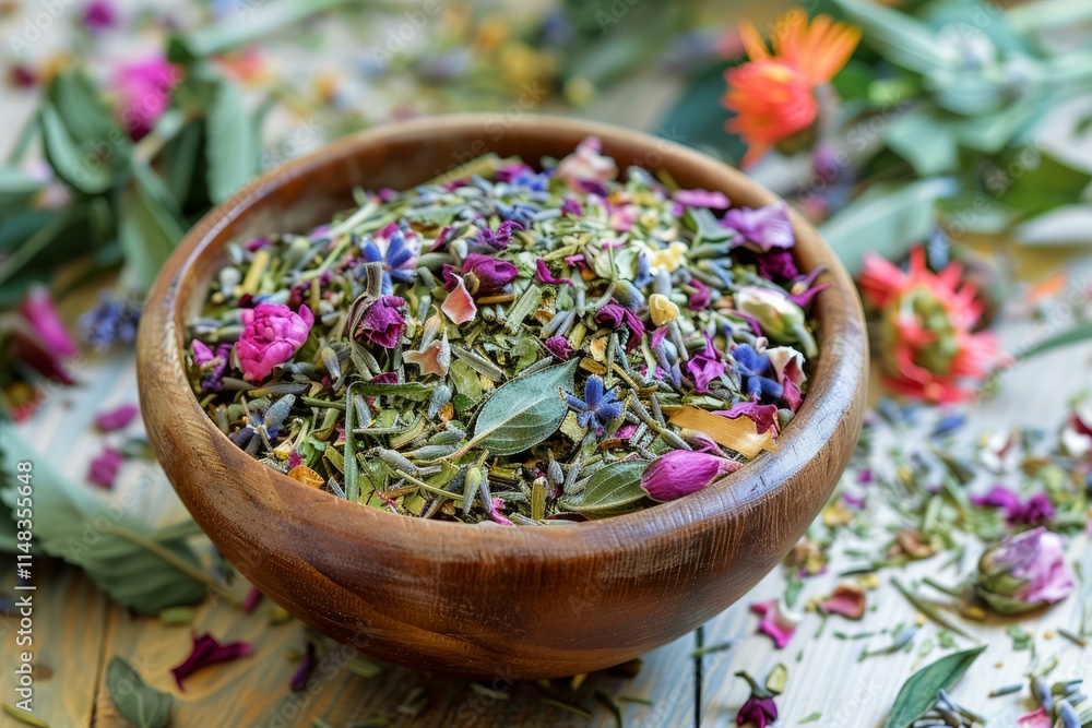 Wooden bowl overflowing with dried flowers and herbs for tea or potpourri