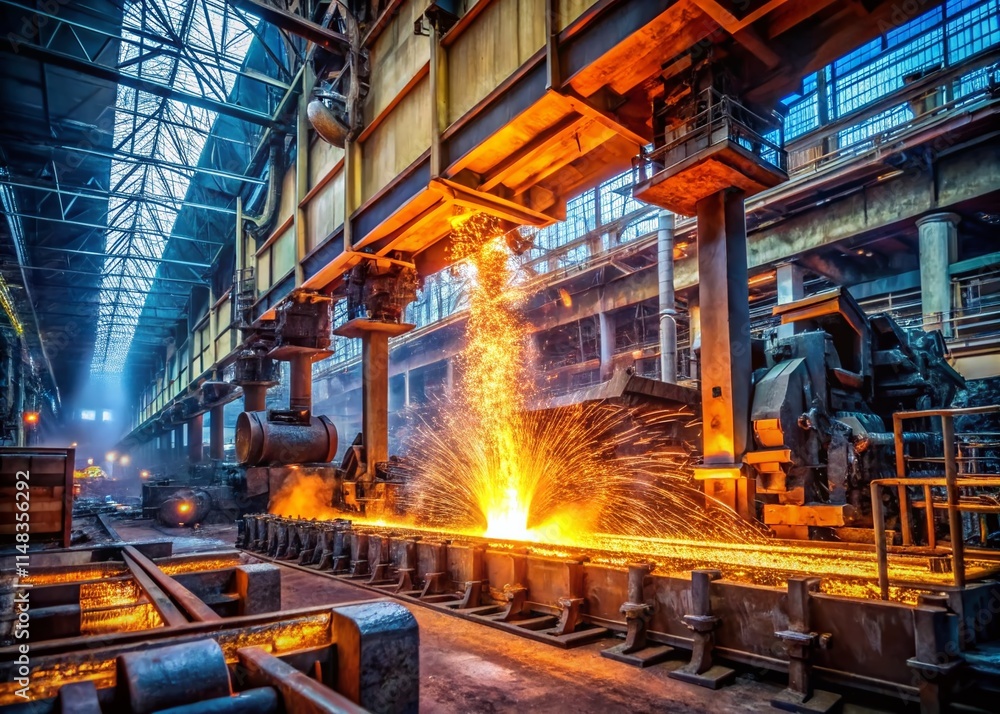 Steel Forging Factory: Industrial Metalwork, Giant Machinery, Sparks, Heavy Industry, Manufacturing Process Steel Forging Factory: Industrial Metalwork, Giant Machinery, Sparks, Heavy Industry, Manufacturing Process