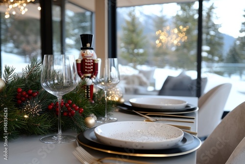 A charming dining scene showcasing a Nutcracker centerpiece and luxurious table settings surrounded by winter greenery, perfect for holiday festivities. photo