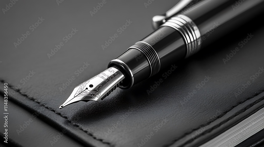Black fountain pen on leather notebook. Black fountain pen on leather notebook.