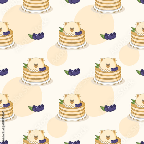 Pancake blueberry bear face cartoon so cute. On blueberry circle background. Pattern seamless vector illustration. 
