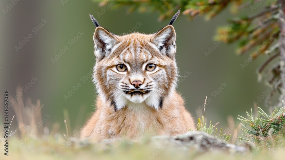 Fototapeta premium A lynx sits alertly amidst low-lying vegetation, gazing directly at the camera.
