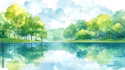 Watercolor illustration of a peaceful lake with trees reflected on the water.--ar 16:9