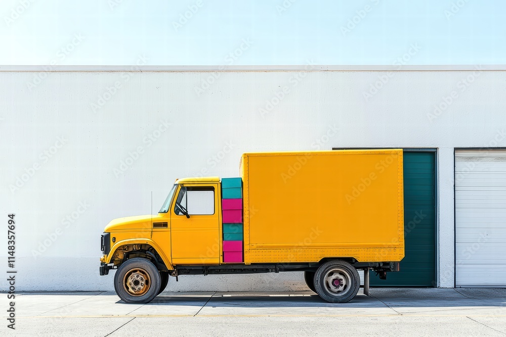 A vibrant yellow delivery truck parked next to a white building with colorful accents. A vibrant yellow delivery truck parked next to a white building with colorful accents.
