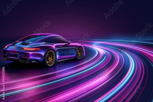 Modern sports car displaying vibrant neon trails on a dark background at night