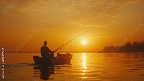 Silhouetted fisherman in small boat at sunset, fishing rod cast.