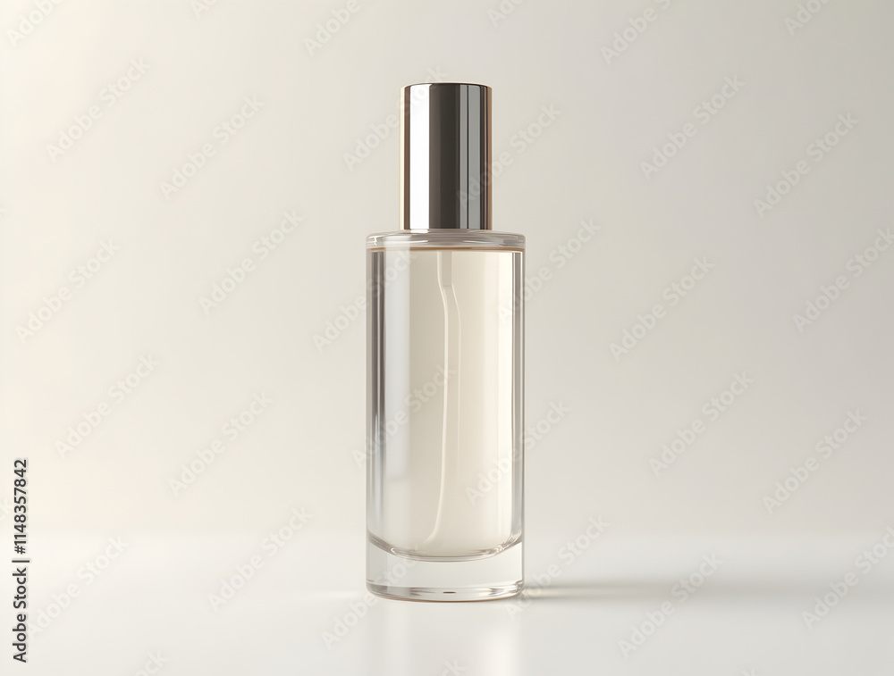 Elegant Glass Perfume Bottle with Minimalist Design on Soft Background Elegant Glass Perfume Bottle with Minimalist Design on Soft Background