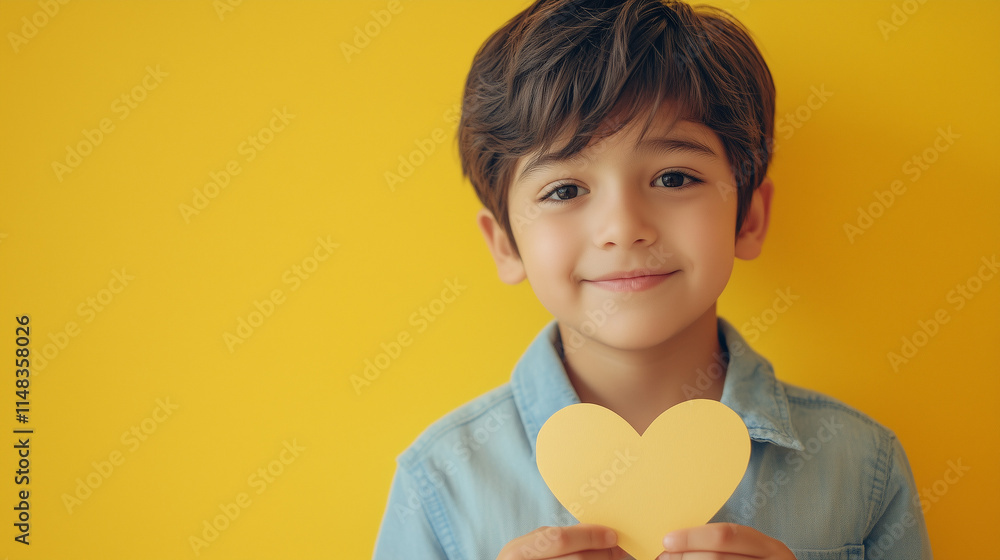 Smiling young boy holding a yellow heart against a vibrant yellow background Smiling young boy holding a yellow heart against a vibrant yellow background