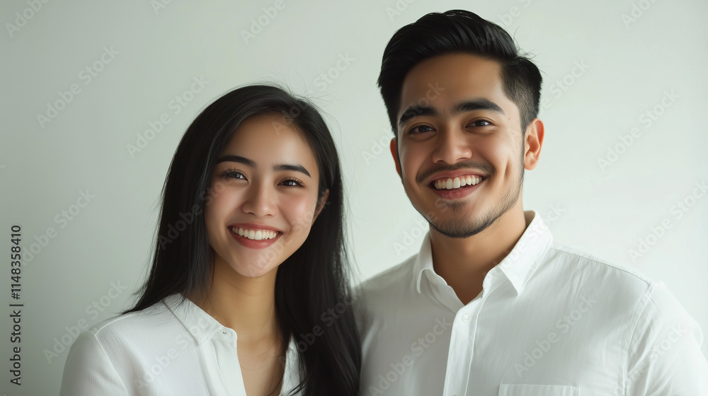 Smiling young couple in white shirts against a minimalistic background exuding happiness and warmth Smiling young couple in white shirts against a minimalistic background exuding happiness and warmth