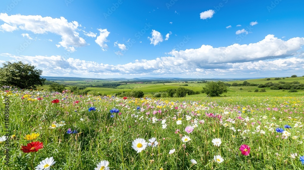 Vibrant wildflowers bloom in a lush green meadow under a bright blue sky with fluffy clouds. Vibrant wildflowers bloom in a lush green meadow under a bright blue sky with fluffy clouds.