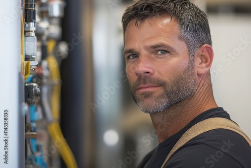 A meticulous plumber focuses deeply on a maintenance task, surrounded by intricate piping and tools, emphasizing dedication and precision in his work. photo