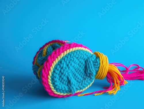 Vibrant Knitted Headphones: A playful close-up shot of colorful, handmade knitted headphones against a bright blue background. The headphones are teal, pink, and yellow. photo