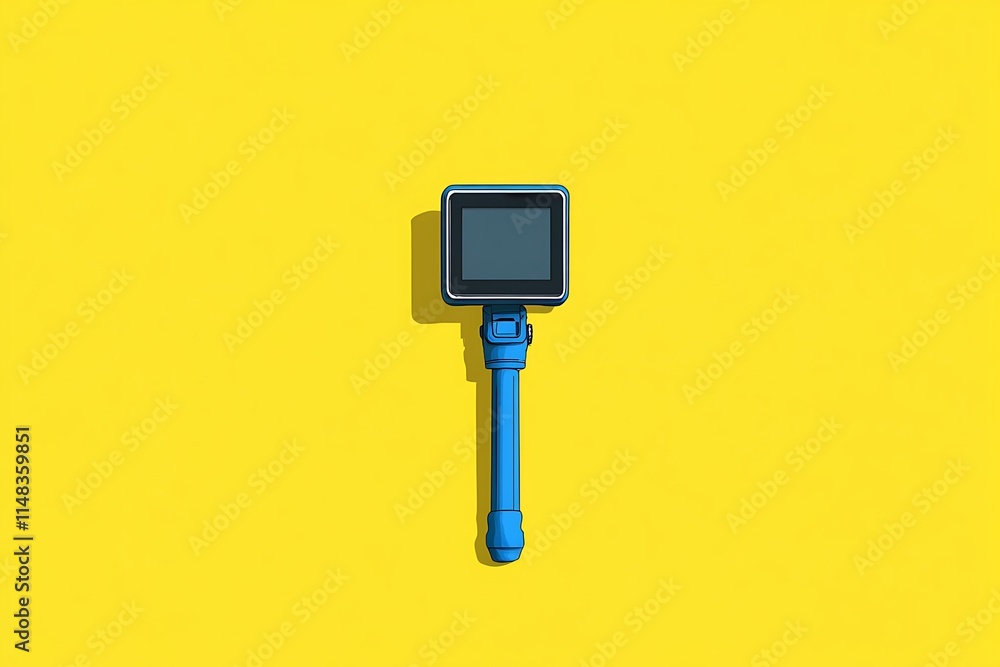 Photo and video lightweight action camera with monopod on yellow background. 3D rendering of professional photography equipment for sportsmen and travel Photo and video lightweight action camera with monopod on yellow background. 3D rendering of professional photography equipment for sportsmen and travel