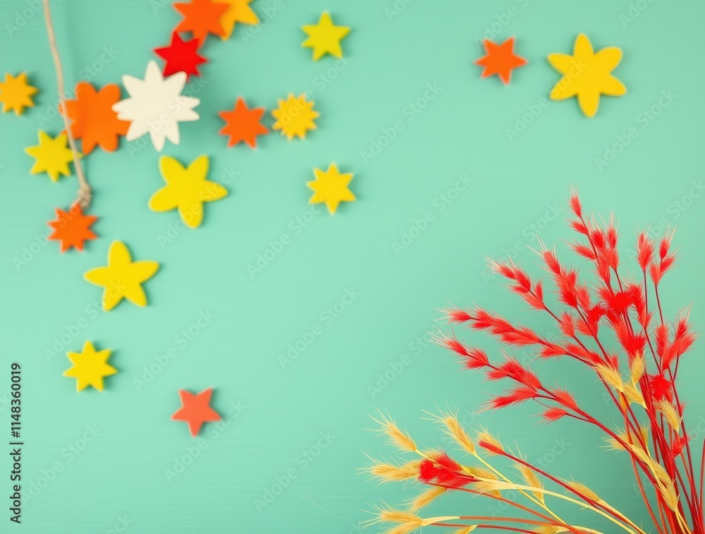 Autumnal Starry Sky: Colorful paper stars and dried flowers create a charming autumnal scene on a teal background. Perfect for seasonal designs and projects. Autumnal Starry Sky: Colorful paper stars and dried flowers create a charming autumnal scene on a teal background. Perfect for seasonal designs and projects.