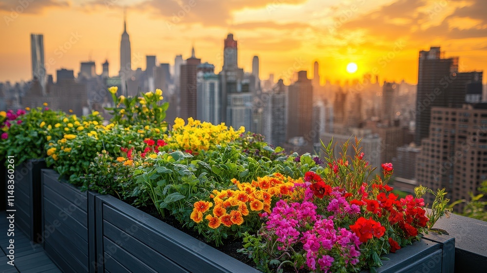 Fototapeta premium Stylish Rooftop Garden with Vibrant Flowers Overlooking Cityscape