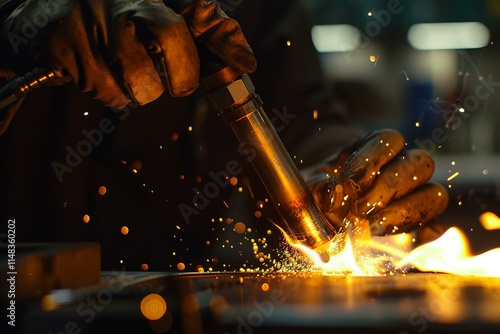 Worker using blowtorch welding metal and producing sparks in factory