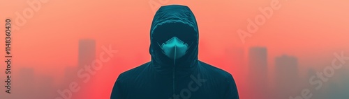 A mysterious figure in a hooded jacket stands against a hazy, colorful urban background, suggesting themes of anonymity and intrigue.