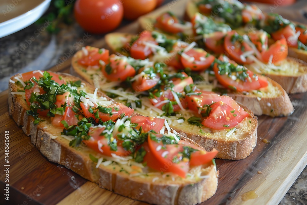 Delicious bruschetta with tomatoes, basil, and cheese resting on wooden cutting board Delicious bruschetta with tomatoes, basil, and cheese resting on wooden cutting board