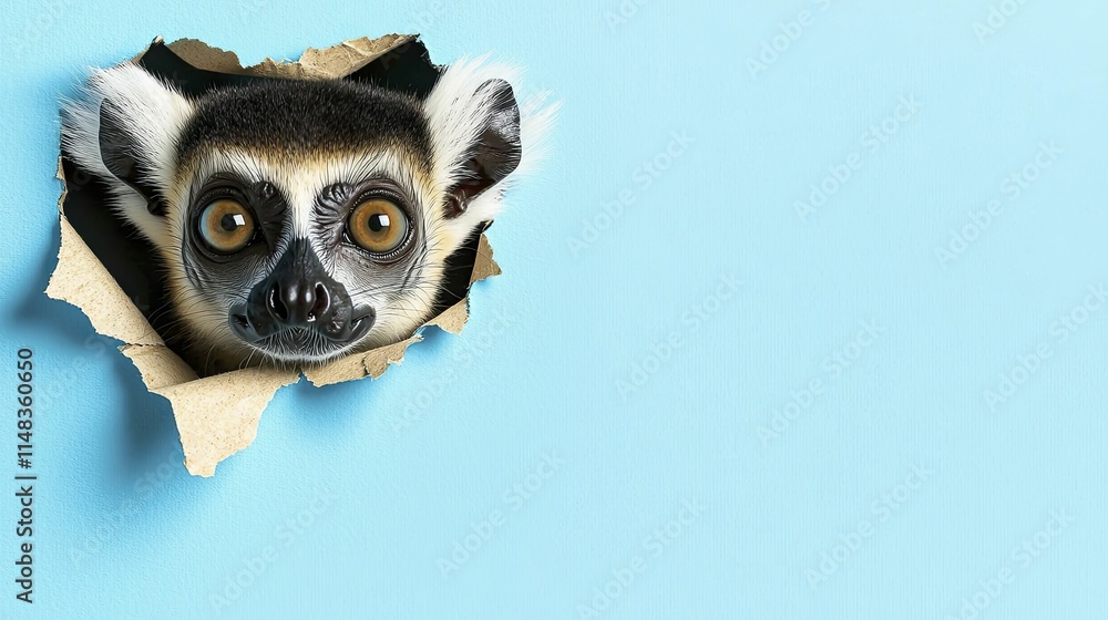 Curious lemur peeking through a mysterious hole in rustic wall, observing unseen wonders beyond the unknown. Curious lemur peeking through a mysterious hole in rustic wall, observing unseen wonders beyond the unknown.